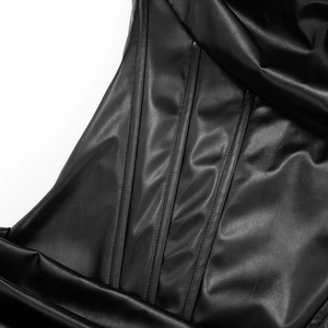 Detailed view of the corset-style boning structure on this black PU leather A-line dress