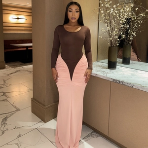 Elegant slim fit color block maxi dress with long sleeves and pleated waist detail