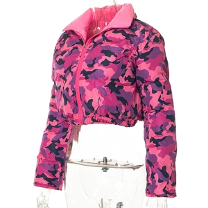 Close-up of pink and purple camouflage print on a cropped puffer jacket with zipper