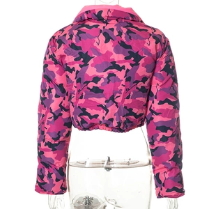Detail view of pink and purple camo cropped padded jacket featuring elastic hem and stand collar