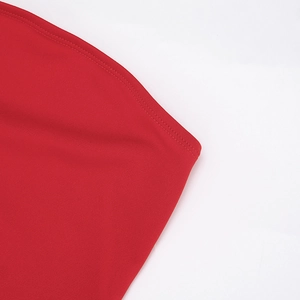 Detail of red sleeveless maxi dress showing high-quality double-needle topstitching on hem