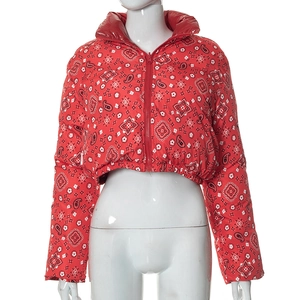 Detailed view of red bandana paisley quilted jacket with high collar and zipper closure