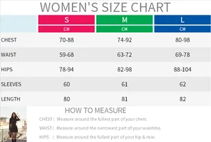 Size chart for long sleeve bodycon dress showing S, M, L measurements in CM