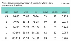Comprehensive size chart for women's long sleeve bodycon dress from XS to XL dimensions