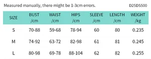 Detailed size chart for long sleeve bodycon dress including bust, waist, and hip measures