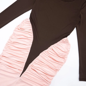 Detailed view of long sleeve slim dress with contrast color panel and side ruched waist