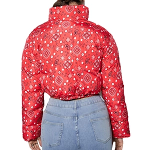 Women's red paisley print reversible cropped puffer jacket with stand collar and zip front