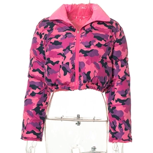 Pink camouflage cropped padded jacket with stand collar and zip-up front closure