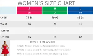 Size chart showing bust and waist measurements for a red A-line ruffled mini dress