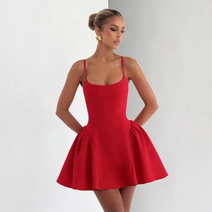 Elegant red spaghetti strap A-line dress with ruffled waist and flared cocktail skirt