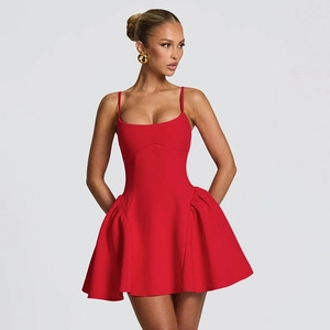 Detail of red sleeveless mini dress with ruffles and flared A-line silhouette