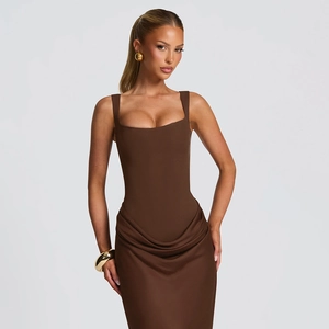 Detail showing the elegant square neck design and gathered waist of the brown maxi dress