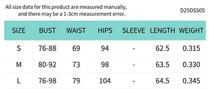 Tableau des tailles avec mesures de poitrine, taille et hanches pour cette robe