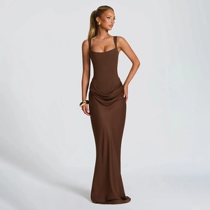 Elegant dark brown sleeveless square neck dress with sophisticated waist draping detail