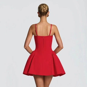 Back view of a red mini A-line dress with adjustable straps and hidden zipper detail