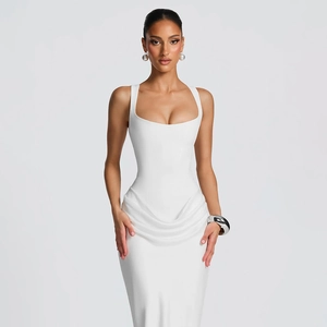 Detailed view of elegant white square neck sleeveless maxi dress with side ruched fabric