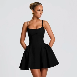 Chic black spaghetti strap A-line mini dress with ruffle details and pleated skirt