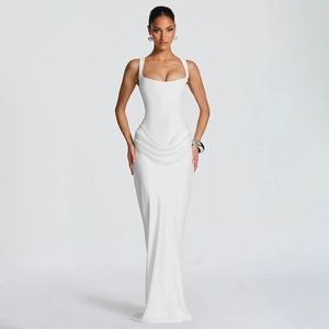 Elegant white square neck sleeveless slim fit maxi dress with ruched mermaid hem