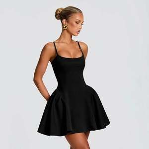 Detailed view of the black camisole dress featuring a corset bodice and ruffled A-line hem