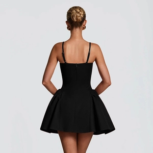 Elegant back view of black A-line sleeveless mini dress with camisole straps and ruffles