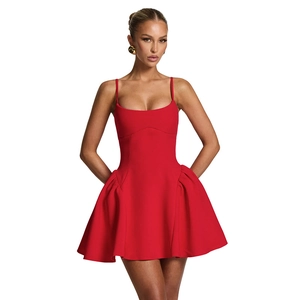 Chic vibrant red strapless mini dress with spaghetti straps and flared ruffle hemline