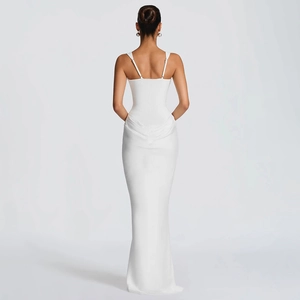 Detailed back view of sleek white square neck sleeveless dress with delicate side ruching