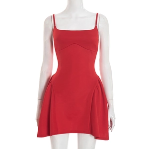 Detailed view of red bodycon mini dress featuring ruffled side seams and slim straps