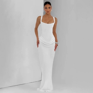 Detailed draping and ruched fabric at the waist of white square neck slim maxi dress