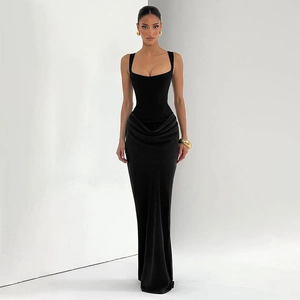 Detail showing the square neckline and elegant side draping of the black slim maxi dress