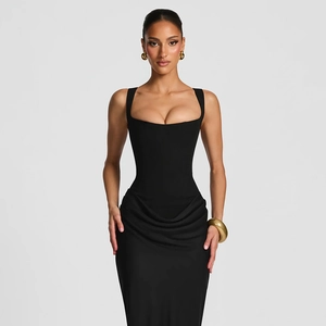 Detail view of the sleek black square neck dress with elegant ruched waist design
