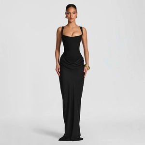 Elegant sleeveless black square neck bodycon maxi dress with ruched waist detail