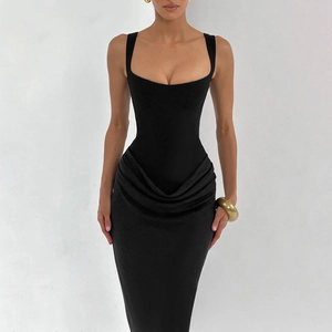 Detail of the square neckline and elegant ruching on this black slim sleeveless dress