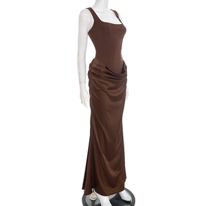 Elegant dark brown square neck sleeveless maxi dress with draped satin skirt details