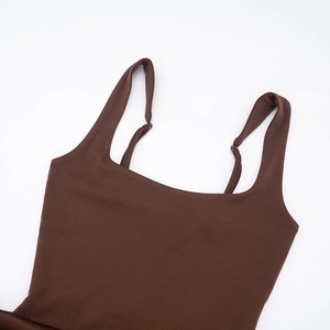 Detail of square neck dress with adjustable thin straps in chocolate brown fabric