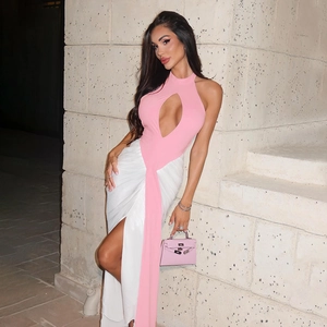 Detail of elegant two-tone halter dress featuring front cut-out and high side slit