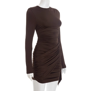 Detail view of deep brown ruched fabric and gathered texture on a slim-fit dress