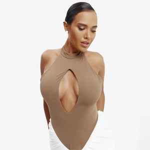 Detail of coffee brown halter bodysuit with chest cutout and smooth elastic fabric