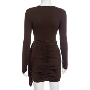 Detailed back view of chocolate brown ruched dress with long sleeves and slim fit