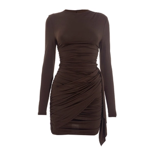 Detail of ruched dark brown mini dress featuring long sleeves and an asymmetrical hem
