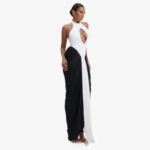 Detail of contrast halter neck dress with teardrop cutout and elegant side ribbon