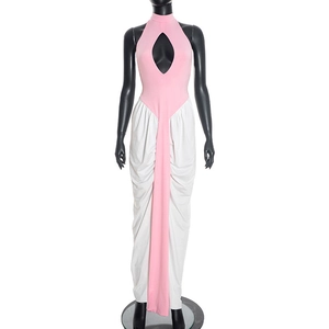 Detail of pink halter neck with teardrop cutout and elegant contrast streamers