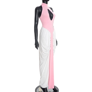 Detail of the pink halter neckline with a stylish keyhole cutout on a slim fit maxi dress