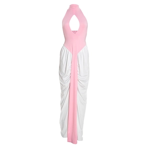 Detail of pink halter neck with hollow out design and white slit skirt contrast dress