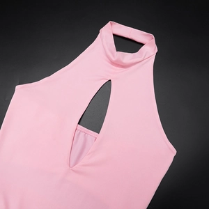 Detailed view of pink halter neck with a large teardrop cutout and clean edge stitching