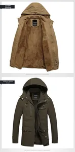 Dettaglio della fodera in pile kaki e della giacca con cappuccio in cotone verde militare
