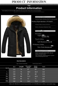 Tabella taglie dettagliata per parka invernale da uomo con misure da M a 4XL per vestibilità