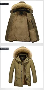 Dettaglio del parka invernale kaki da uomo con fodera in pile e cappuccio in pelliccia