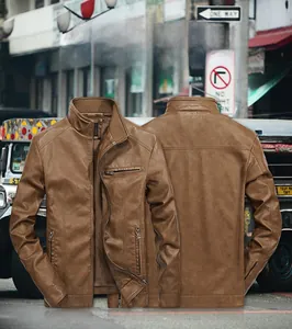 Front and back view of a men's vintage brown suede motorcycle jacket with a stand collar