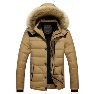 Men's Winter Thickened Warm Cotton-Padded Coat With Faux Fur Collar Hooded Casual Parka Outerwear Top