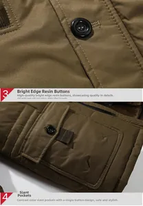 Dettagli del parka verde oliva con bottoni in resina e tasche oblique funzionali